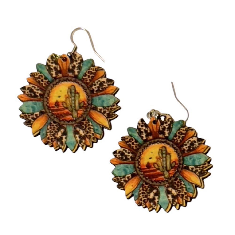 Colorful WOODEN SUNFLOWER Shape SOUTHWEST Earrings